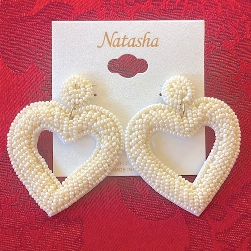 Brand New Natasha Beaded Pearl Cream Heart Drop Earrings Valentine’s Day